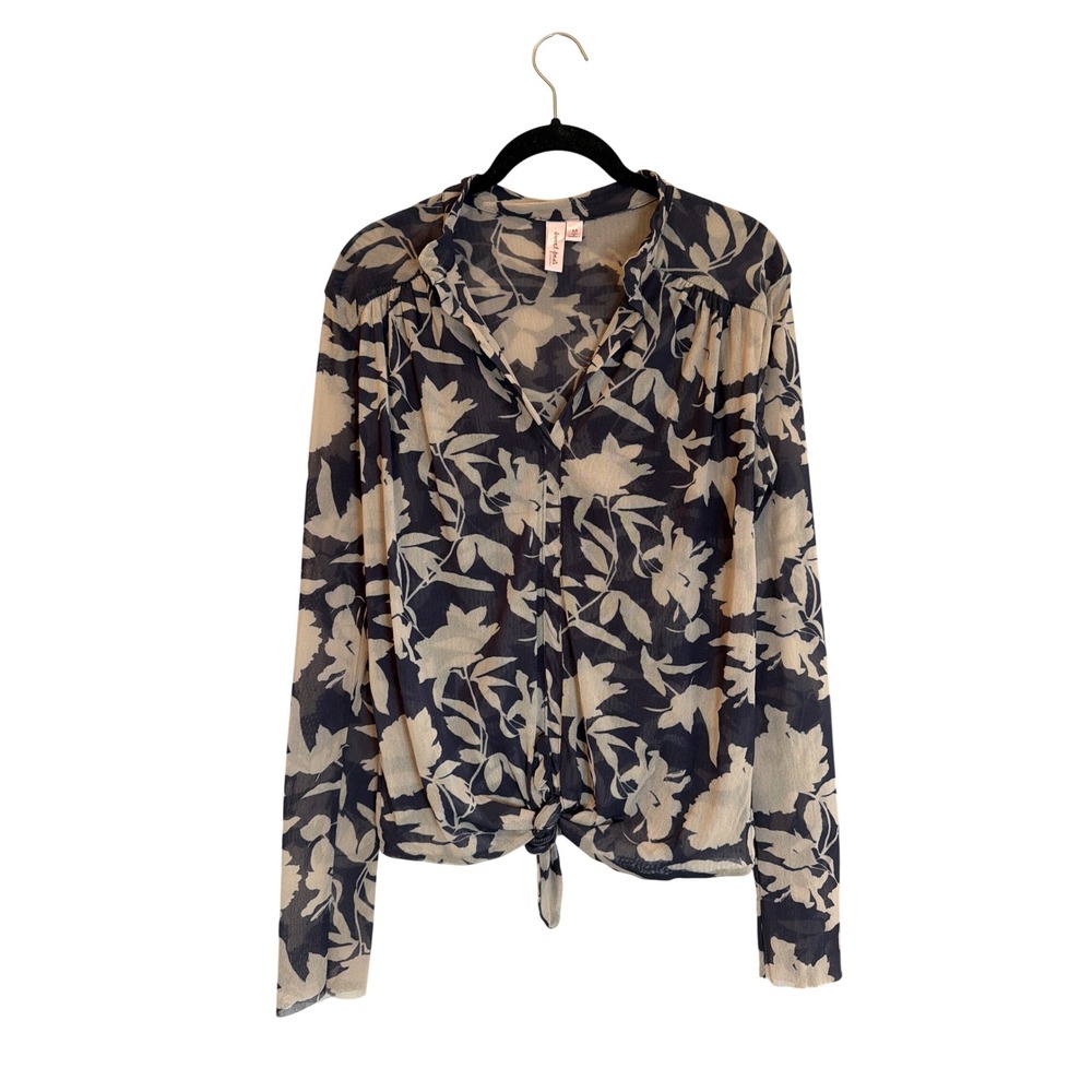 Sweet Pea Black Cream Floral Mesh Tie Front Button Down Top Womens M Y2k